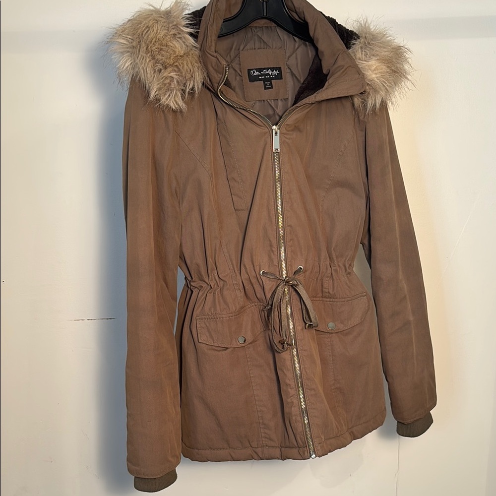 Miss Selfridge Brown Utility Jacket with Hood and removable fur collar